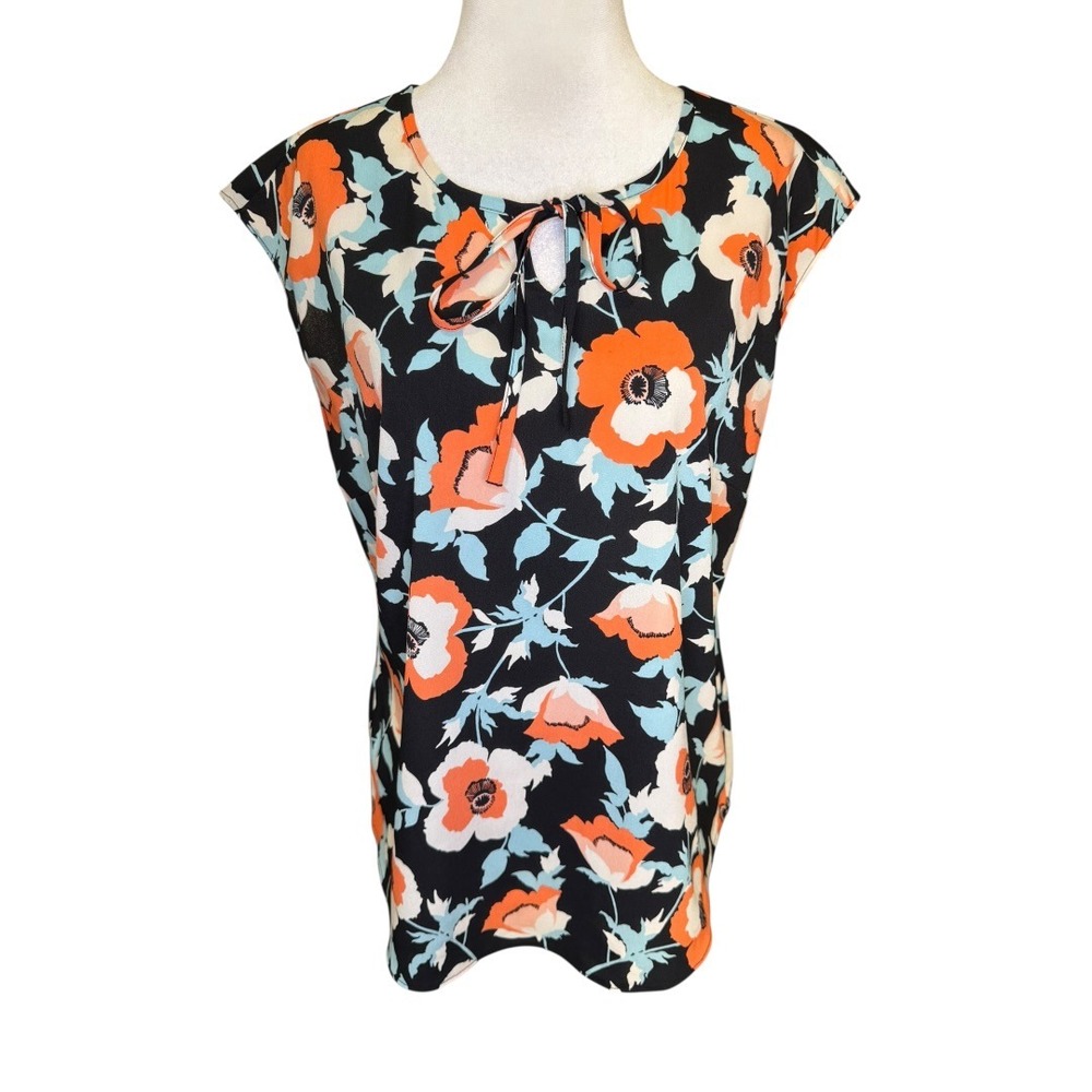 Talbots Womens Floral Poppy Cap‎ Sleeve Tie Neck Blouse Black Orange Size 6